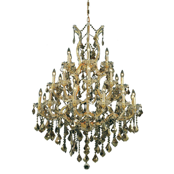 Gold Twenty-Eight Light Chandelier with Golden Teak/Smoky Royal Cut Crystals