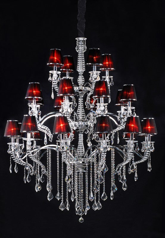 Polished chrome traditional crystal Chandelier dressed with red lampshades