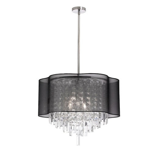 Six-Light Polished Chrome and Clear Crystal Pendant w/ Black Laminated Organza Shade