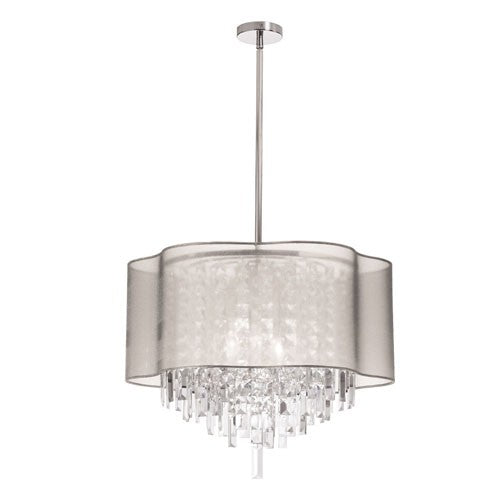 Six-Light Polished Chrome and Clear Crystal Pendant w/ Oyster Laminated Organza Shade