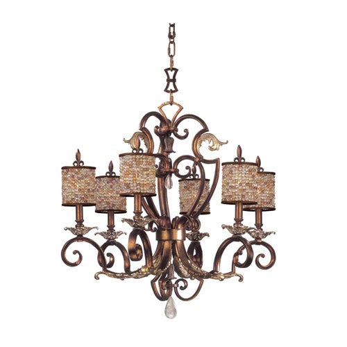 Gold Six-Light Chandelier with Beaded Drum Shades