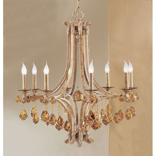 Mediterranean Leather Eight-Light Chandelier with French Pendalogs Tortoise Shell Crystal Detail