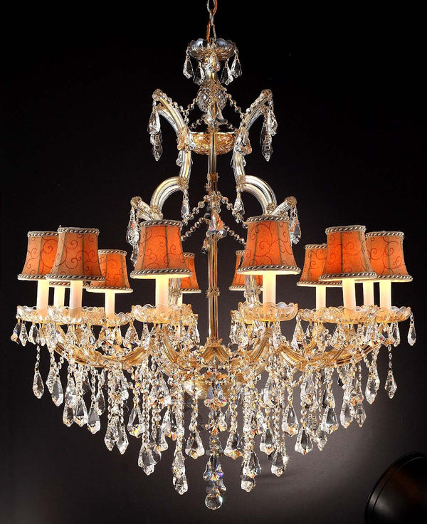 12 Lights Maria Theresa crystal chandelier dressed with yellow lampshades