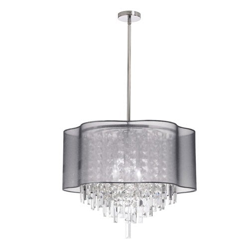 Six-Light Polished Chrome and Clear Crystal Pendant w/ Silver Laminated Organza Shade