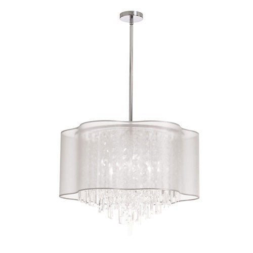 Six-Light Polished Chrome and Clear Crystal Pendant w/ White Laminated Organza Shade