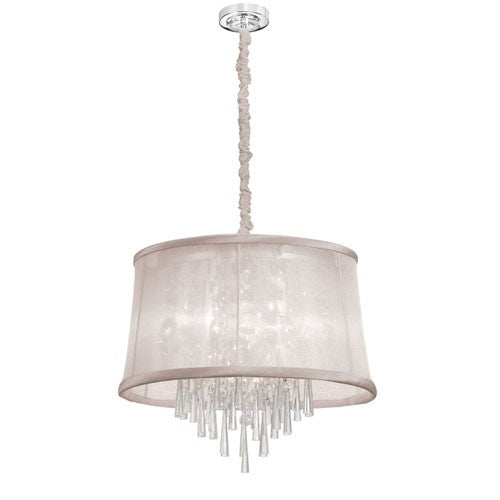 Six-Light Polished Chrome and Clear Crystal Pendant w/ Oyster Organza Shade and Chain Cover