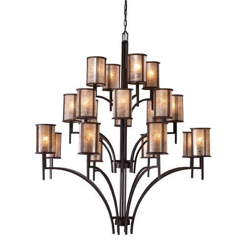 Aged Bronze Twenty-Light Chandelier with Tan Mica Shades