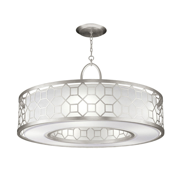 Drum Shade Pendant, Round, 5-Light, Silver Leaf, White Fabric Shade, 48"W (780340-SF41 NJZG)