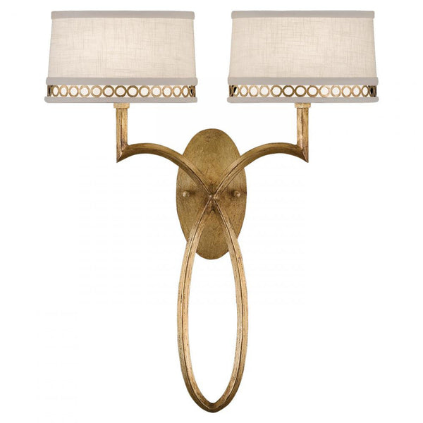 Wall Sconce, 2-Light, Burnihed Gold Leaf, White Textured Linen Shade, 21"H (784750-2ST 9FC8)