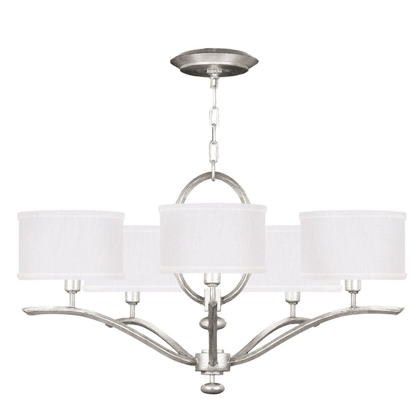 Chandelier, Round, 5-Light, Silver Leaf, White Fabric Shade, 29"W (785440-SF41 NK04)