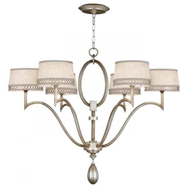 Chandelier, Round, 6-Light, Silver, White Textured Linen Shade, 39"W (785840ST 9G81)