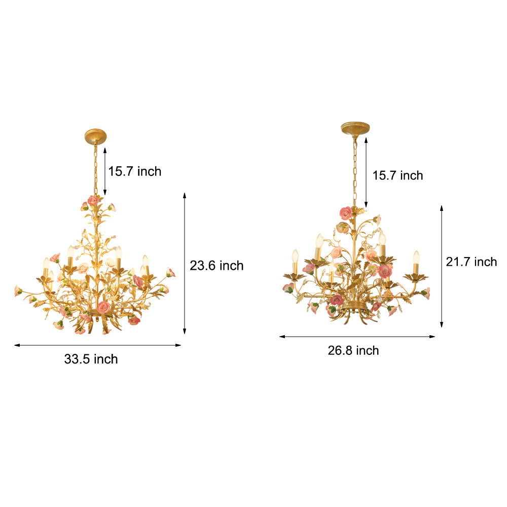 French Luxury Ceramic Pink Roses Chandeliers: 6/8-Light Candlelight Pastoral Charm