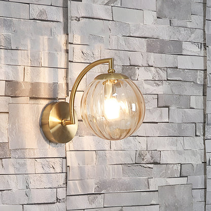 1-Light Curved Arm Wall Sconce with Ball Rib Glass Ball Shade