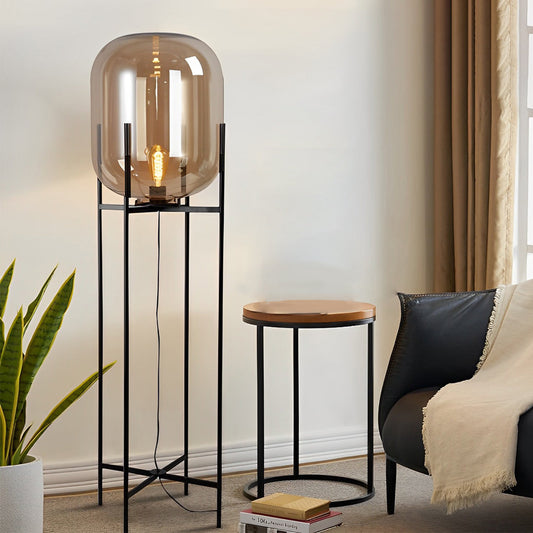 Industrial Standing Metal and Hand-blown Glass Floor Lamp