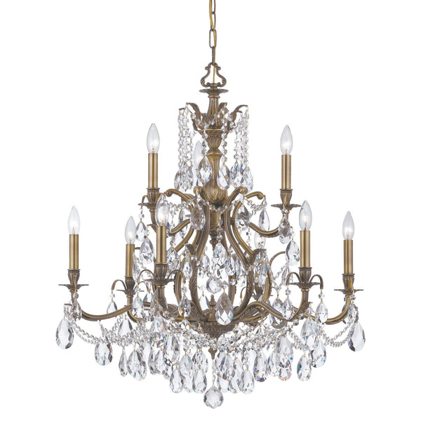 Group Dawson Antique Brass Nine-Light Chandelier with Clear Hand Cut Crystal