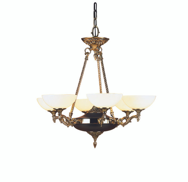 Chandelier, 6-Light, French Brass, White Glass Bowl Shade, 28"W (8406 FB R9ME)