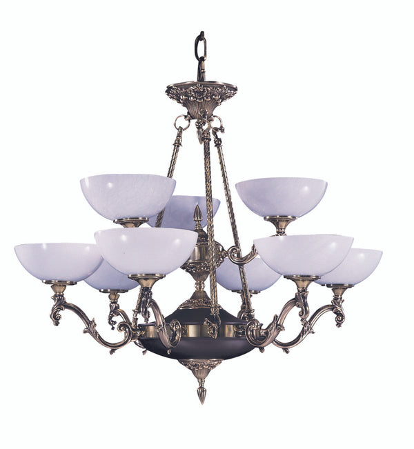 Chandelier, 9-Light, French Brass, White Glass Bowl Shade, 32.5"W (8409 FB R9MG)