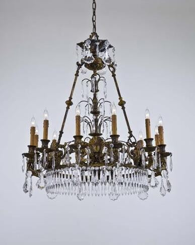 Brass Twelve-Light Chandelier with Tan Drip Candlesleeves