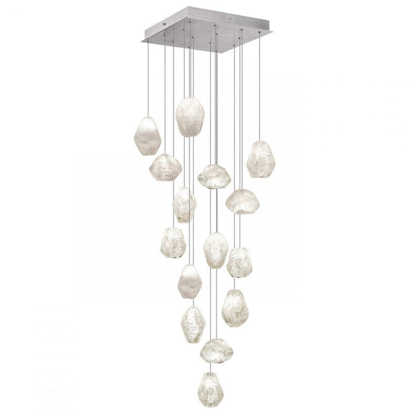 Pendant, Square, 15-Light, LED, Clear Quartz Glass, Platinized Silver Leaf Canopy, 19"W (853040-13LD KK94)