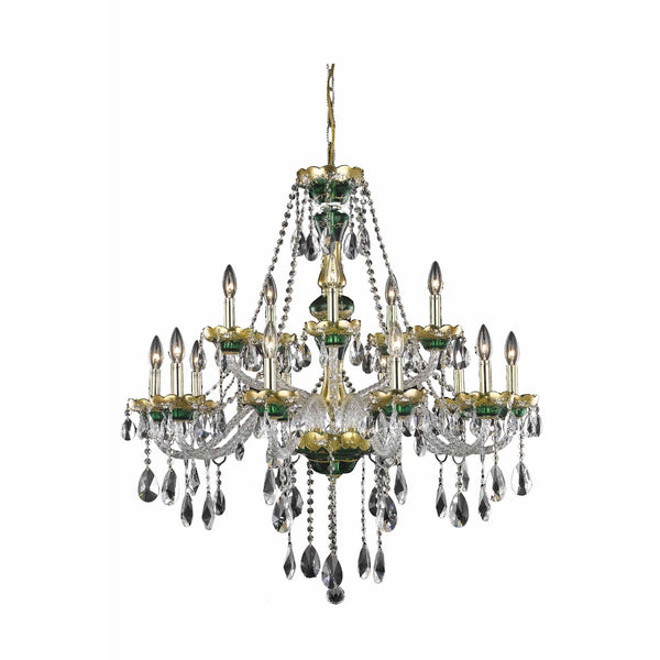 Alexandria Green Fifteen-Light Chandelier with Clear Royal Cut Crystals