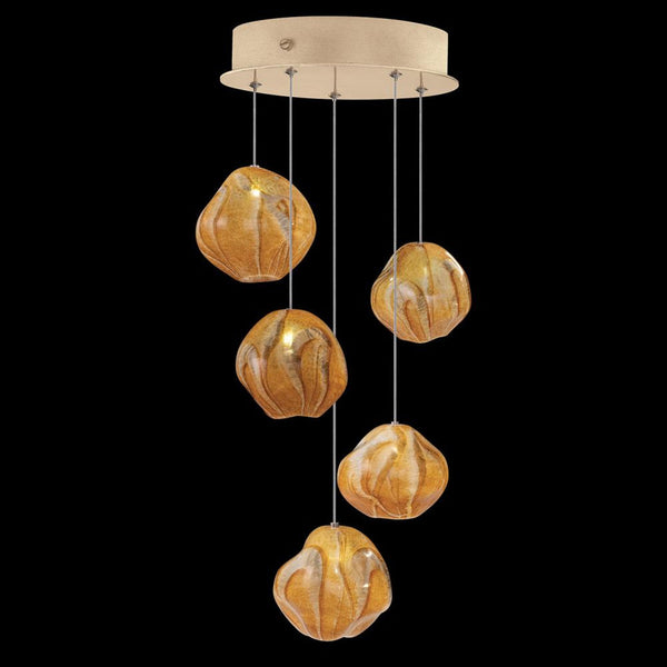 Pendant, Round, 5-Light, LED, Amber Glass, Gold Leaf Canopy, 12"W (866340-22LD NLZC)