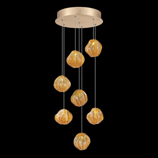 Pendant, Round, 7-Light, LED, Amber Glass, Gold Leaf Canopy, 14"W (866440-22LD NLZE)