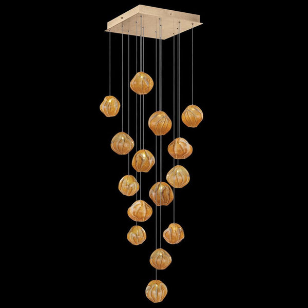 Pendant, Square, 15-Light, LED, Amber Glass, Gold Leaf Canopy, 19"W (866840-22LD NLZG)