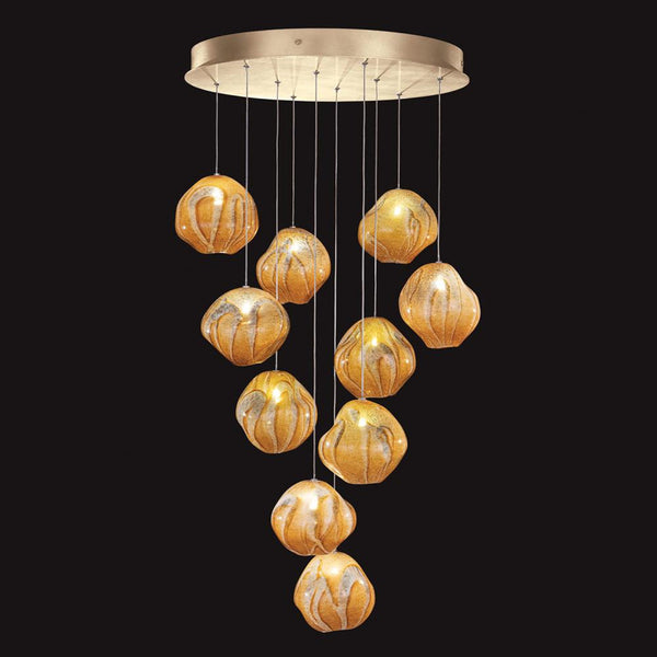 Pendant, Round, 10-Light, LED, Amber Glass, Gold Leaf Canopy, 22"W (869040-22LD NLZX)