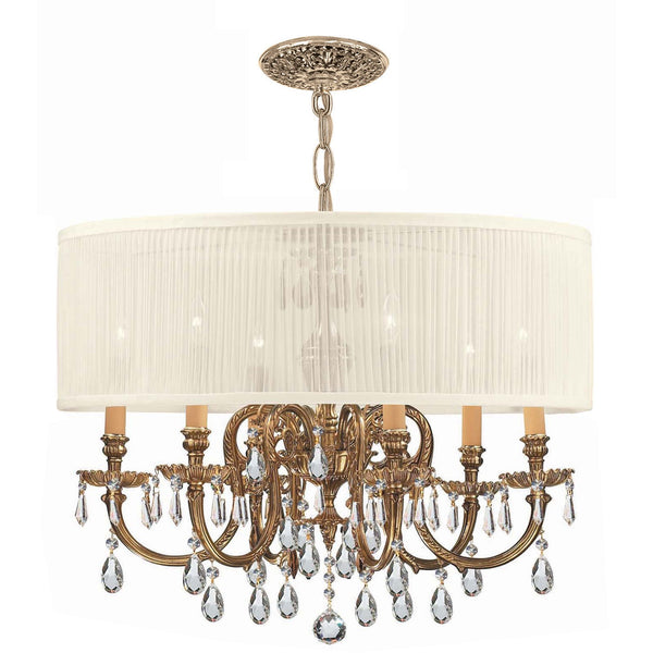 Group Brentwood Ornate Cast Brass Chandelier with Swarovski Spectra Crystal and Antique White Shade