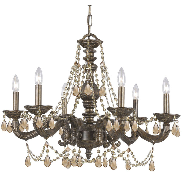 Group Sutton Venetian Bronze Ornate Chandelier Draped with Golden Teak Crystal