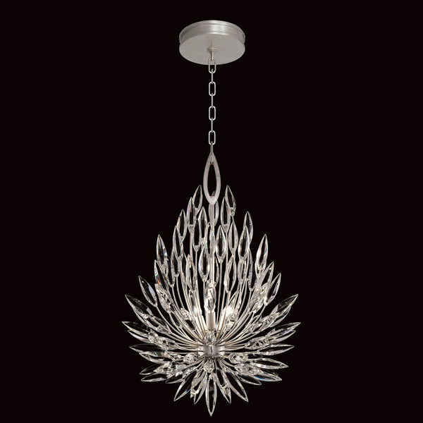 Pendant, Round, 3-Light, Silver Leaf, Faceted Crystal  Buds, 19"W (881640ST GKLH)