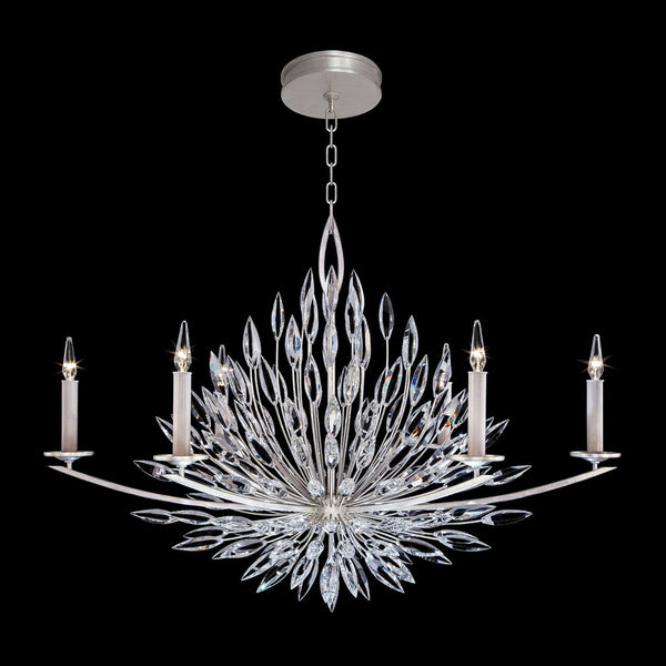 Chandelier, Oblong, 6-Light, Silver Leaf, Faceted Crystal  Buds, 48"W (883240ST GJM5)