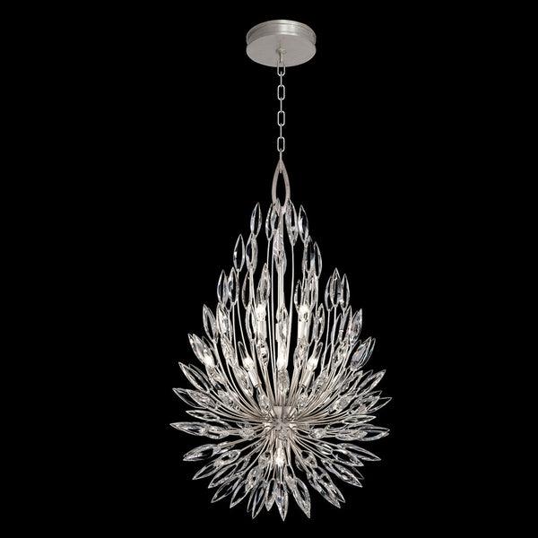 Pendant, Round, 7-Light, Silver Leaf, Faceted Crystal  Buds, 24"W (883840ST KCEE)