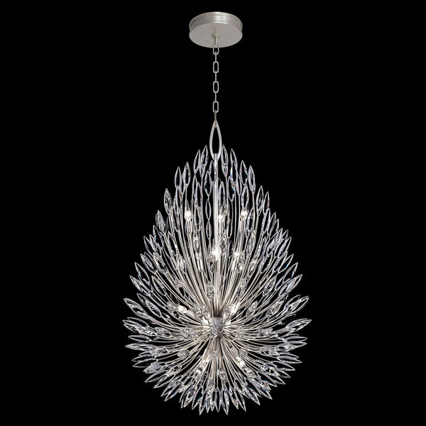 Pendant, Round, 12-Light, Silver Leaf, Faceted Crystal  Buds, 33.5"W (883940ST KCEF)