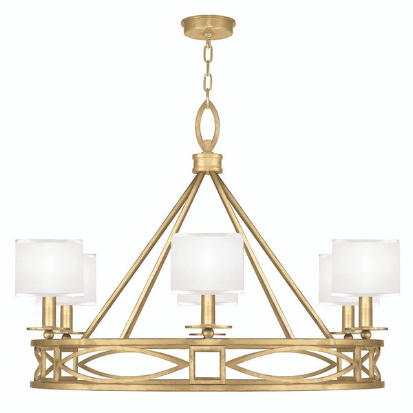 Chandelier, Round, 6-Light, Gold Leaf, White Laminated Shade, 39.5"W (887640-SF31 NK1G)