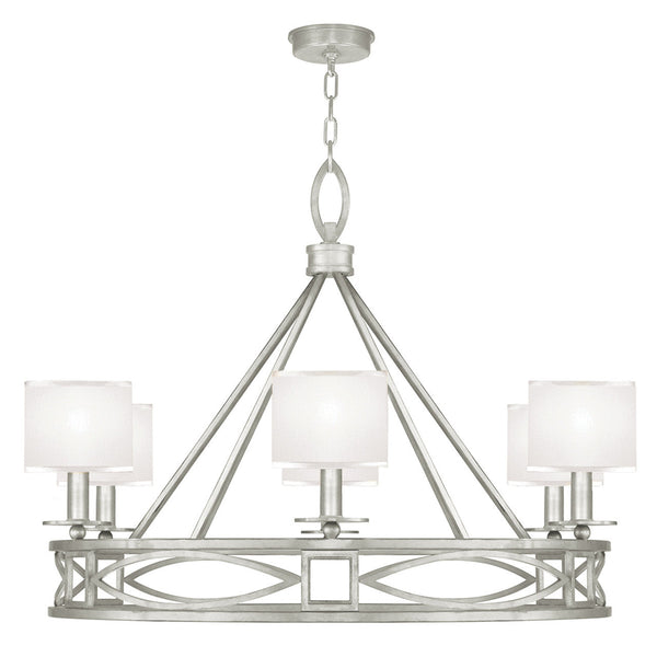 Chandelier, Round, 6-Light, Silver Leaf, White Laminated Shade, 39.5"W (887640-SF41 NK1J)