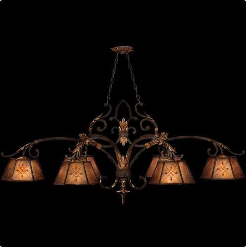 Six-Light Chandelier with Rich Umber Finish and Gilded Accents with Hand Decorated Natural Mica Shades