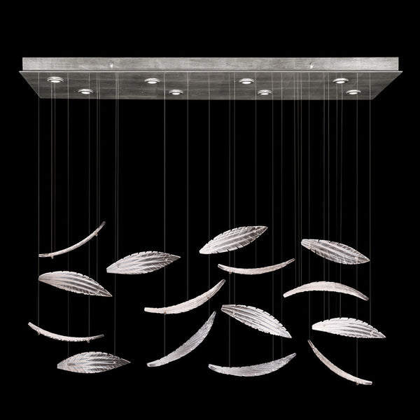 Linear Chandelier, Plume, 8-Light, LED, Clear Crystal & White Glass, Silver Leaf Canopy, 54"W (894840-122ST NKYW)