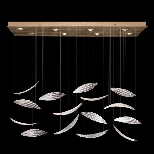 Linear Chandelier, Plume, 8-Light, LED, Clear Crystal & White Glass, Gold Leaf Canopy, 54"W (894840-222ST NKZ3)