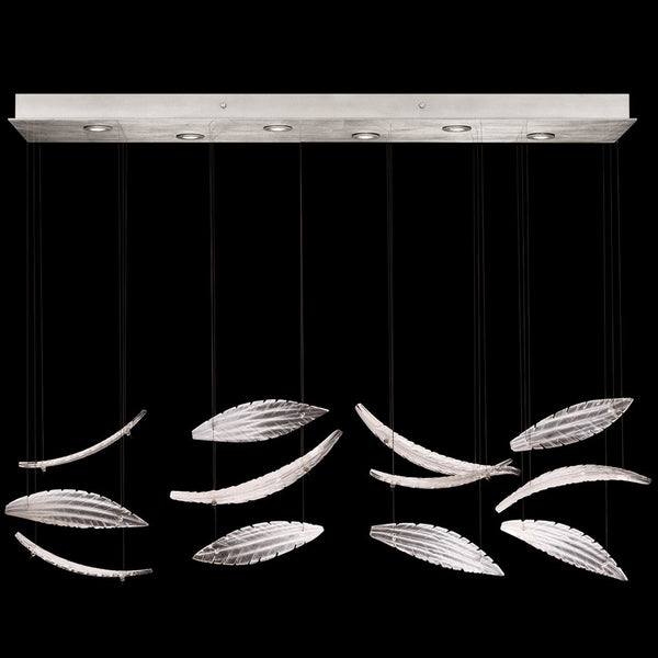 Linear Chandelier, Plume, 6-Light, LED, Clear Crystal & White Glass, Silver Leaf Canopy, 51"W (895140-121ST NKZ9)