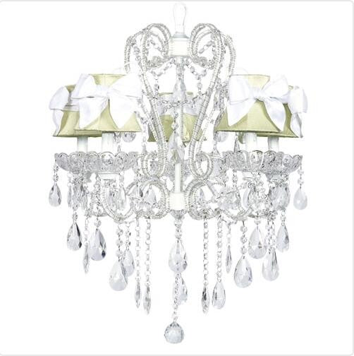 White Five-Light Chandelier with Green Shades and White Sashes