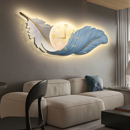 2-In-1 Wall Feather Painting Hanging Decor LED Wall Lamp Wall Clock