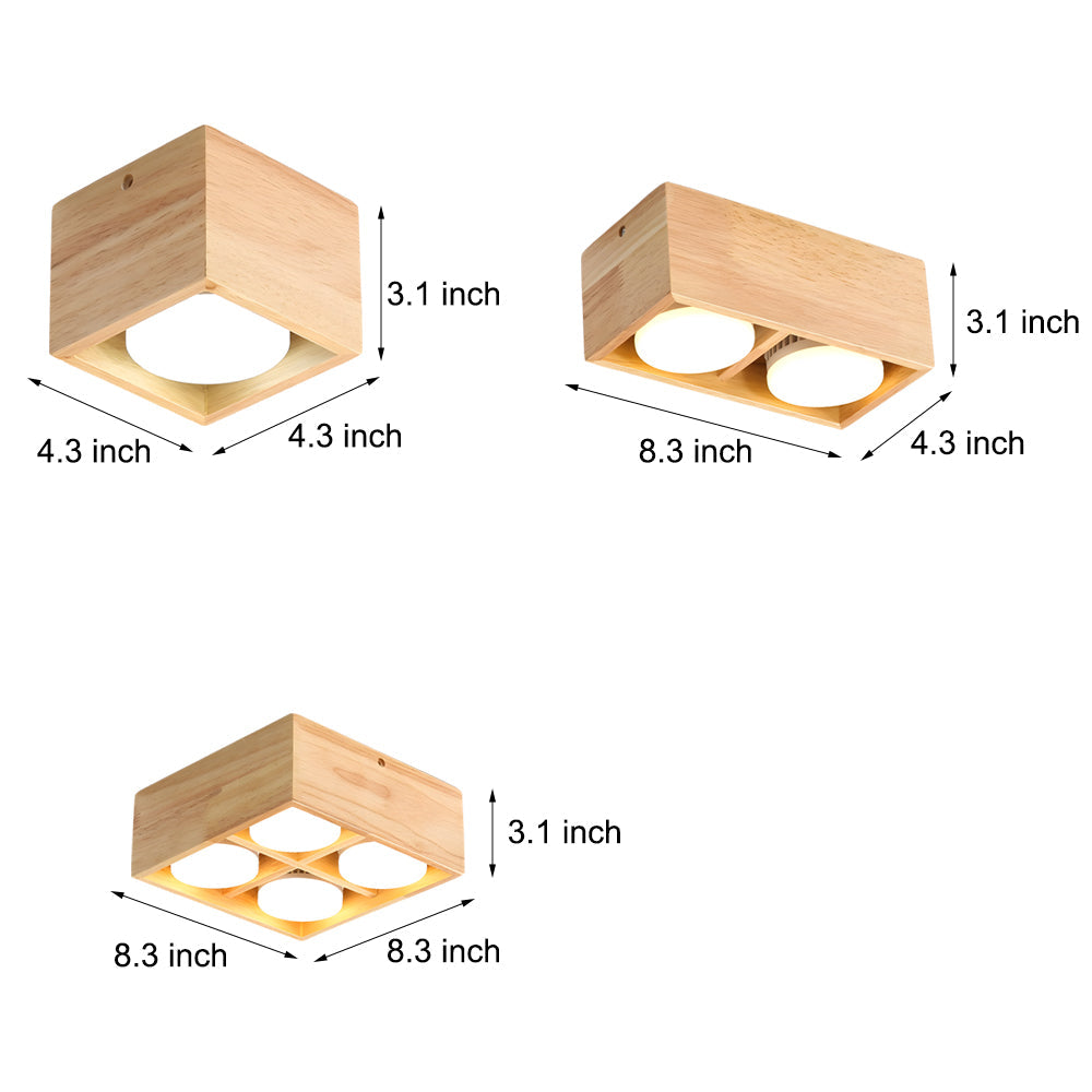 1/2/4-Light Square Wood Cube Spotlight LED Flush Mount Light