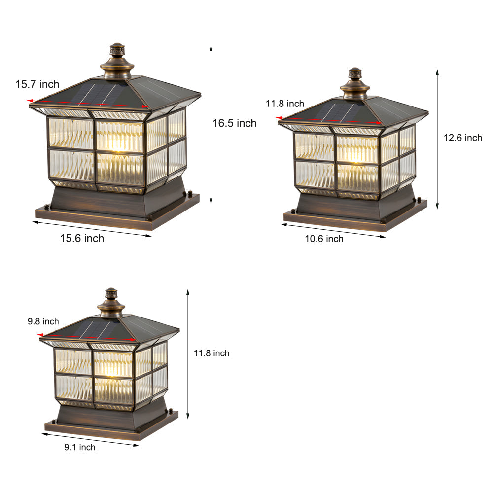 Square Bronze Hardwired/Solar Pillar Lamp Fence Post Light with 3 Step Dimming