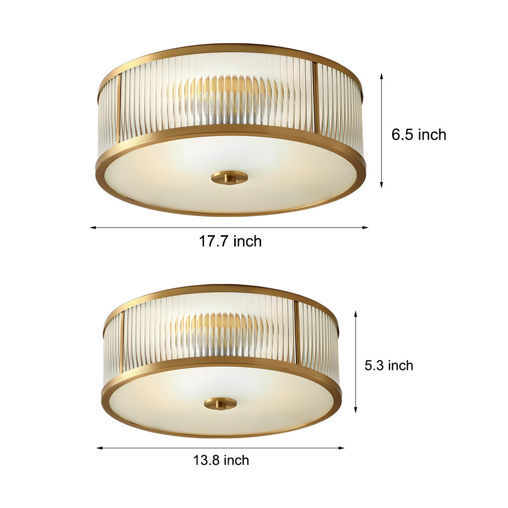 Drum Brass Flush Mount Ceiling Light Clear Ribbed Glass Lamp for Bedroom