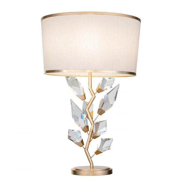 Table Lamp, 1-Light, Gold, Faceted Crystal Leaves, Champagne with Gold Trim Fabric Shade, 30"H (908010-2ST NG10)