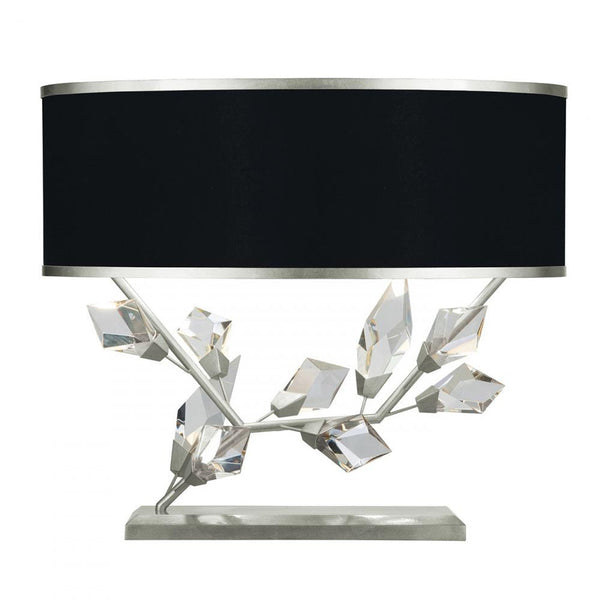 Table Lamp, 2-Light, Silver, Faceted Crystal Leaves, Black with Silver Trim Fabric Shade, 21.5"H (908510-11ST NG13)