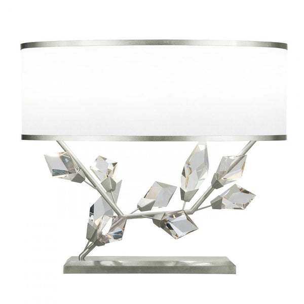 Table Lamp, 2-Light, Silver, Faceted Crystal Leaves, White with Silver Trim Fabric Shade, 21.5"H (908510-1ST NG14)