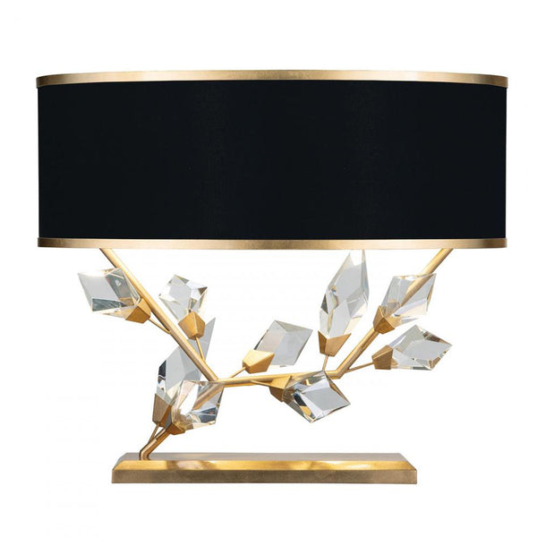 Table Lamp, 2-Light, Gold, Faceted Crystal Leaves, Black with Gold Trim Fabric Shade, 21.5"H (908510-21ST NG15)