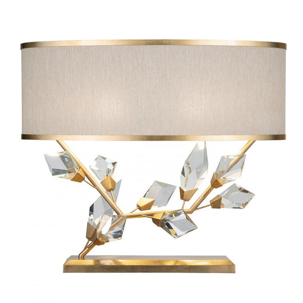 Table Lamp, 2-Light, Gold, Faceted Crystal Leaves, Champagne with Gold Trim Fabric Shade, 21.5"H (908510-2ST NG16)